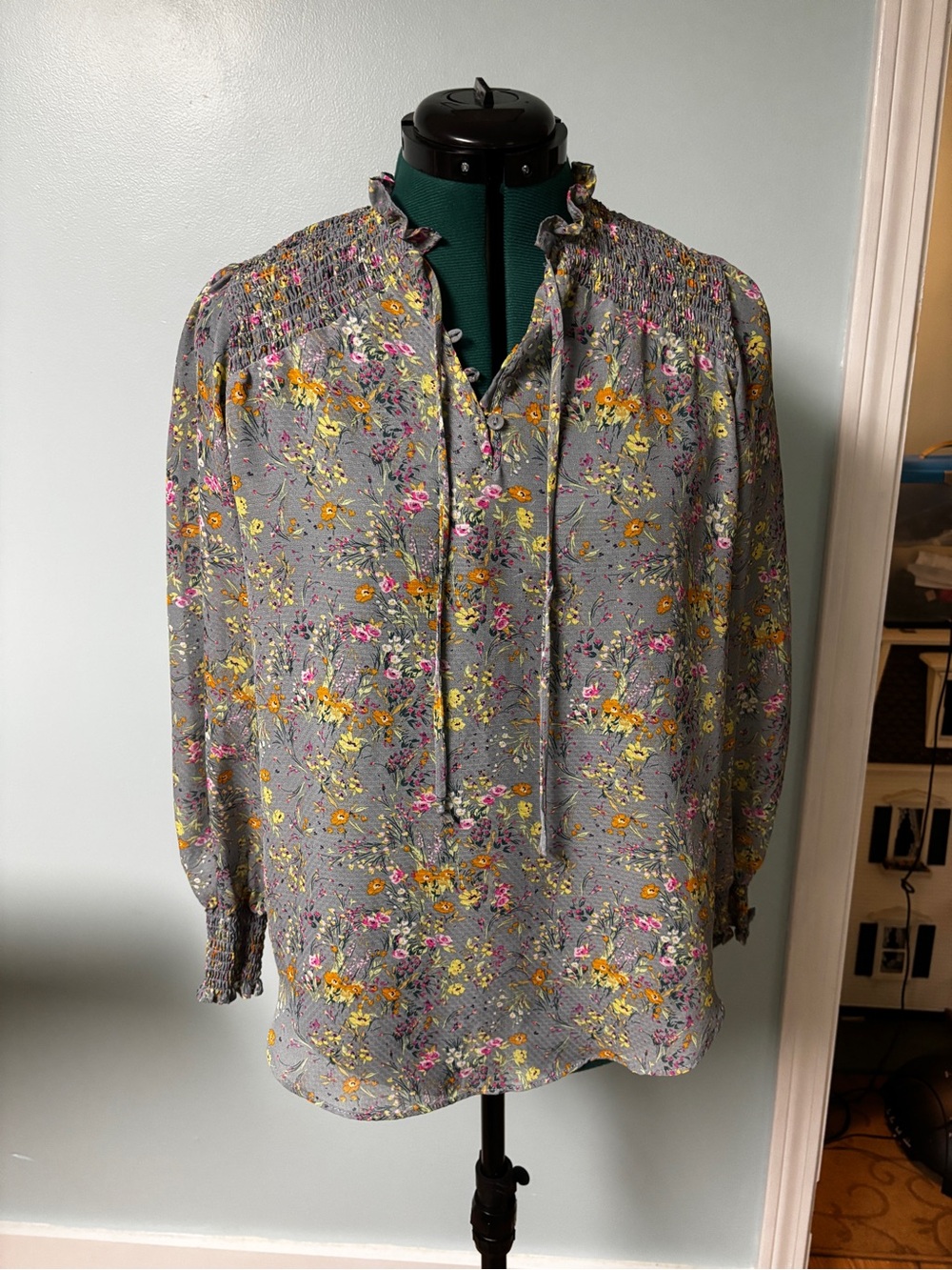 Smocked Yoke Floral Blouse - Gray with Yellow & Pink Flowers